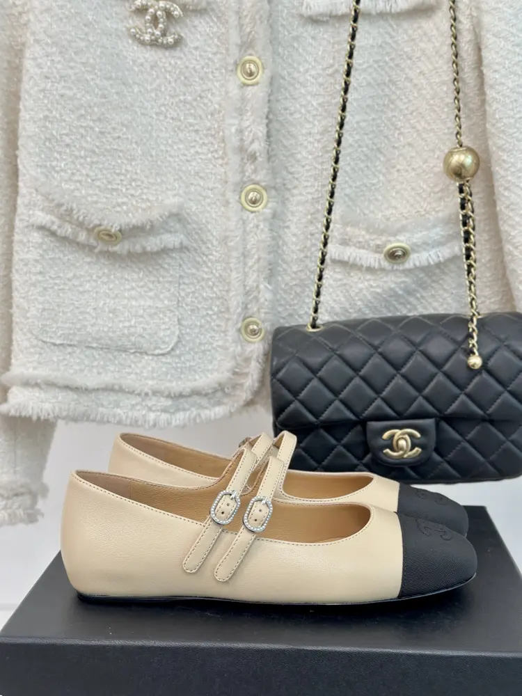 Chanel’s timeless classic color-blocked double-strap Mary Jane shoes