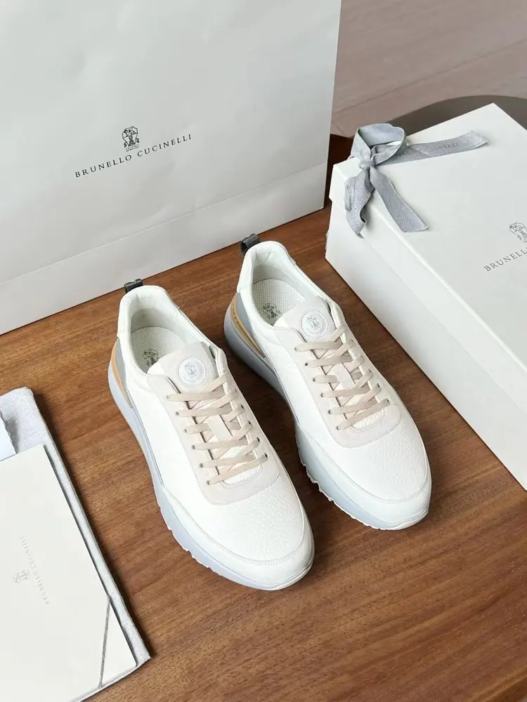 Brunello Cucinelli color-blocked sports flats for men. This pair of flat sports shoes