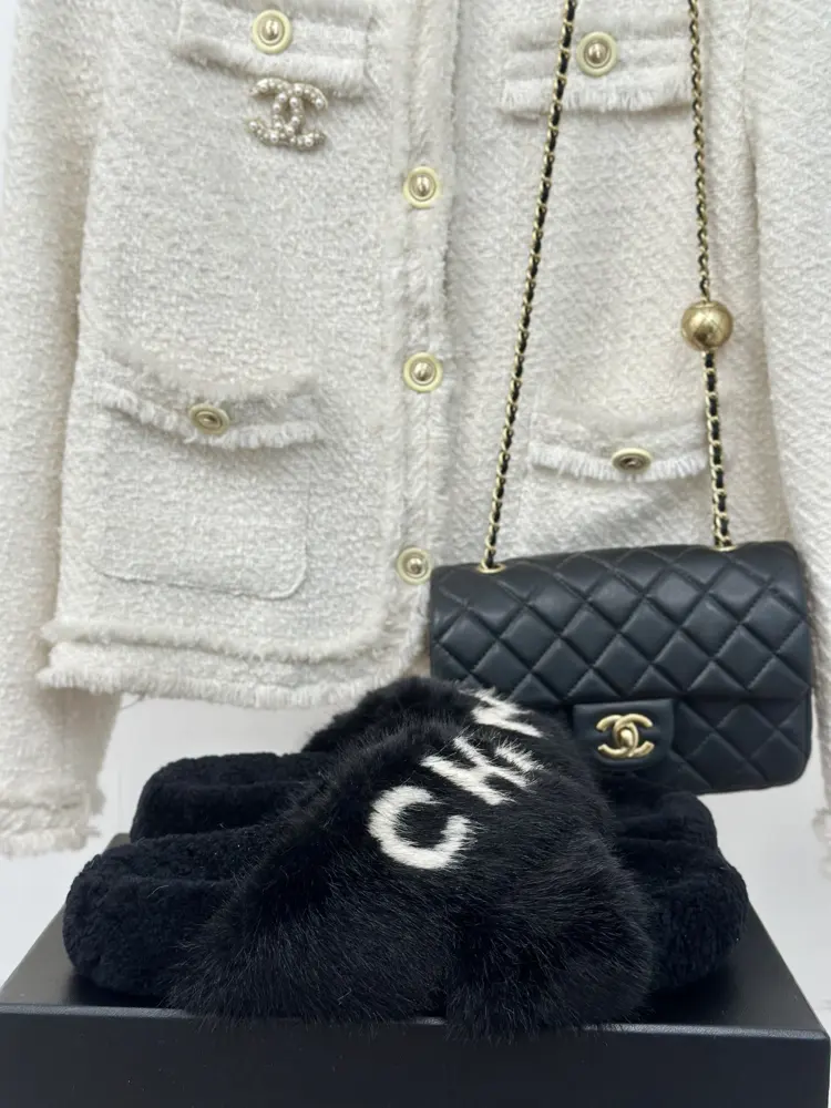 Chanel Cross-stitched Fur Slippers