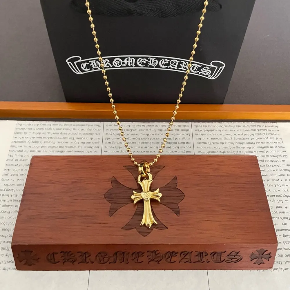 Chrome Hearts classic gold pearl necklace with cross heart pendant