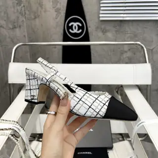 Chanel thick heel square toe color matching high heel sling back sandals for women