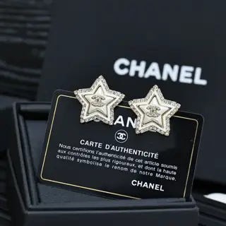 Chanel White enamel star diamond double C gold stud earrings