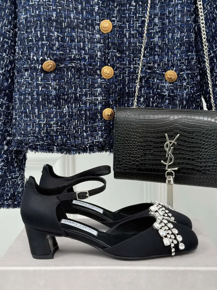 Jimmy Choo|Jimmy Choo 25ss Early Spring New Rhinestone Thick Heel Hollow Sandals