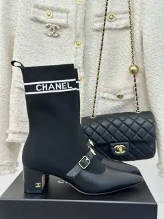 Chanel Metal Double C Pointed Thick Heel Sock Boots