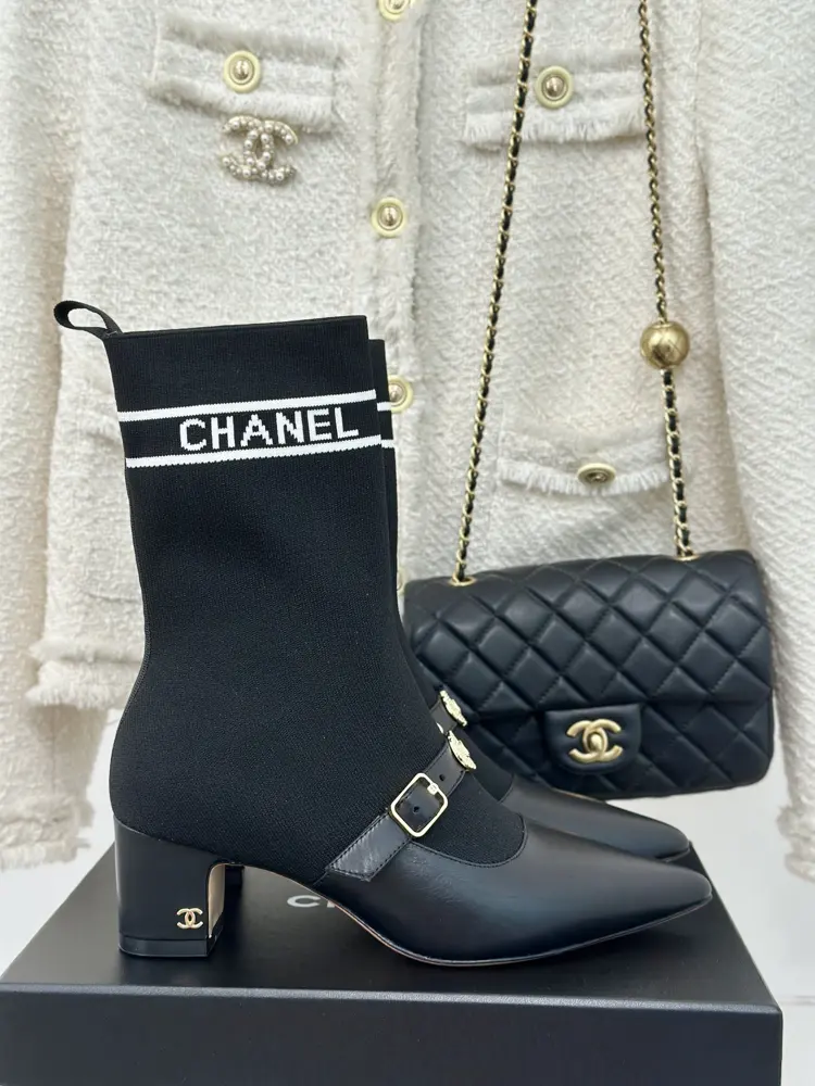 Chanel Metal Double C Pointed Thick Heel Sock Boots