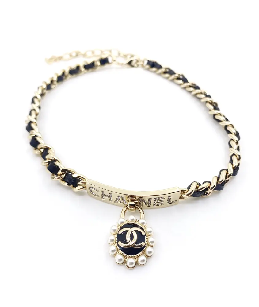 Chanel black leather necklace