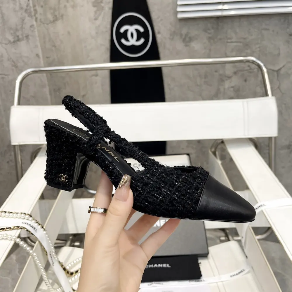 Chanel thick heel square toe color matching high heel sling back sandals for women