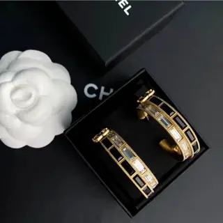 Chanel square diamond hoop letter stud earrings