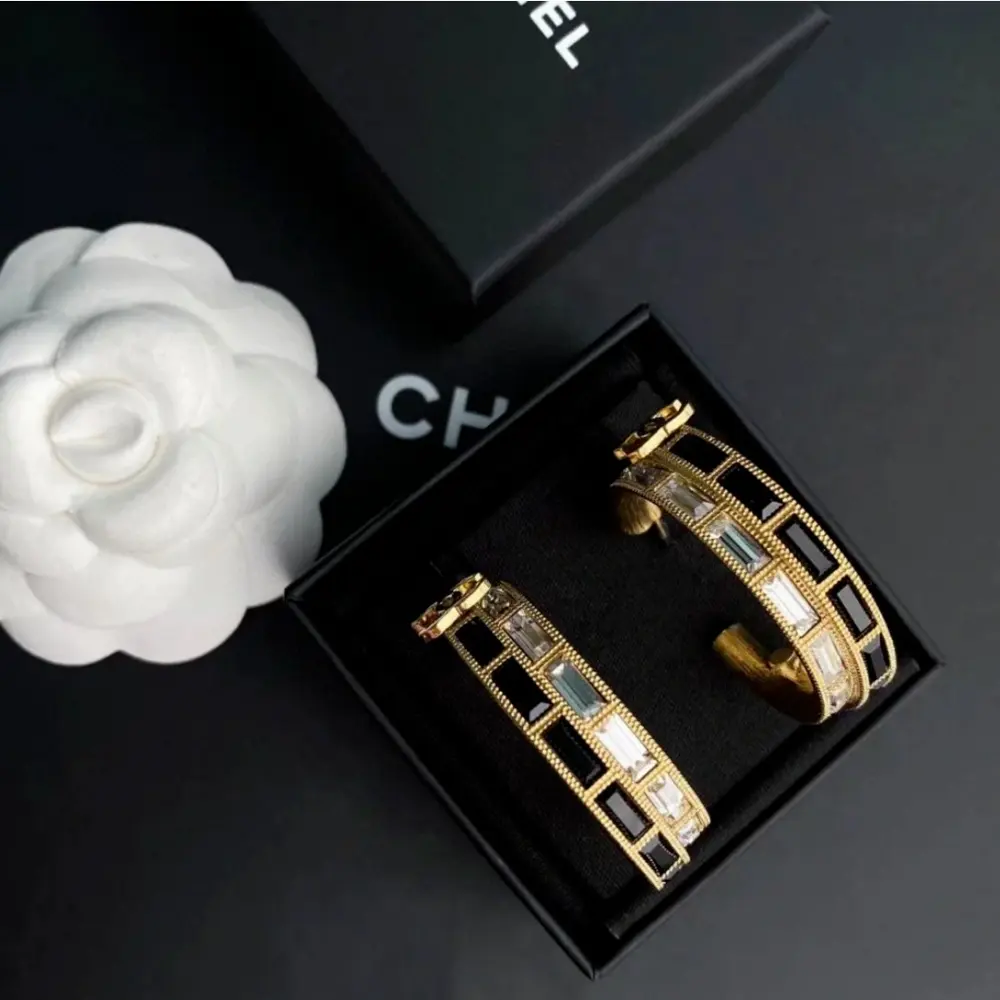 Chanel square diamond hoop letter stud earrings