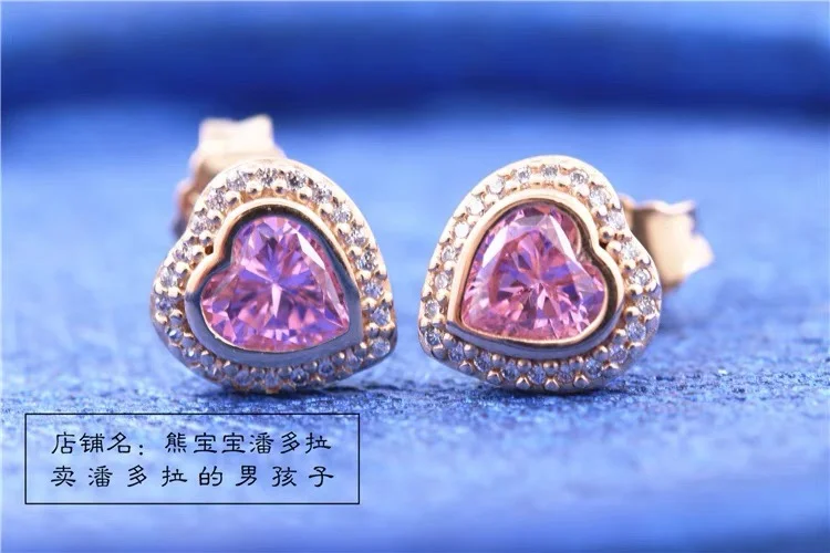 Pandora Rose Series Pink Sparkling Love Stud Earrings