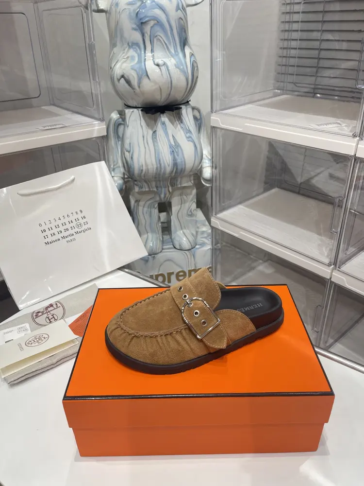 Hermès square buckle pleated closed toe flat half-slipper slippers Birkenstock H chypre