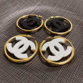 Chanel Double C simple black and white acrylic large hoop earrings