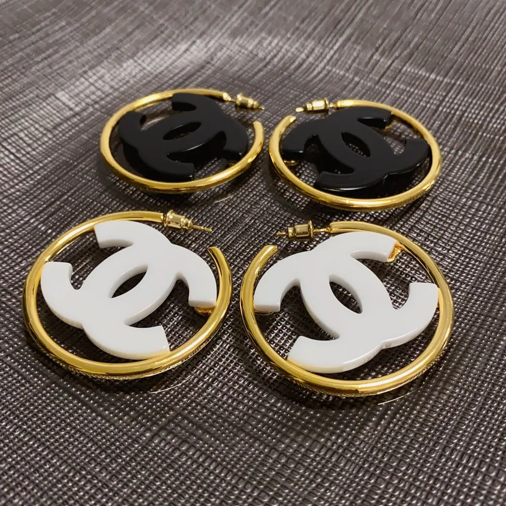 Chanel Double C simple black and white acrylic large hoop earrings