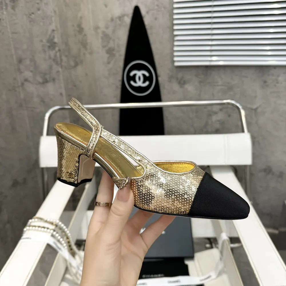 Chanel thick heel square toe color matching high heel sling back sandals for women