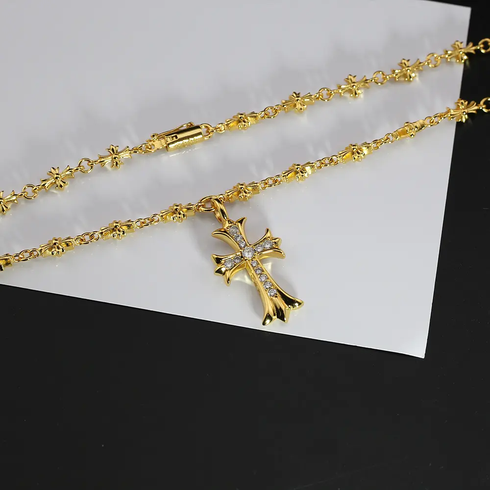 Chrome Hearts 24k gold diamond cross simple sweater necklace for men and women