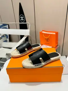 Hermès H-shaped hemp rope woven leather sole slippers