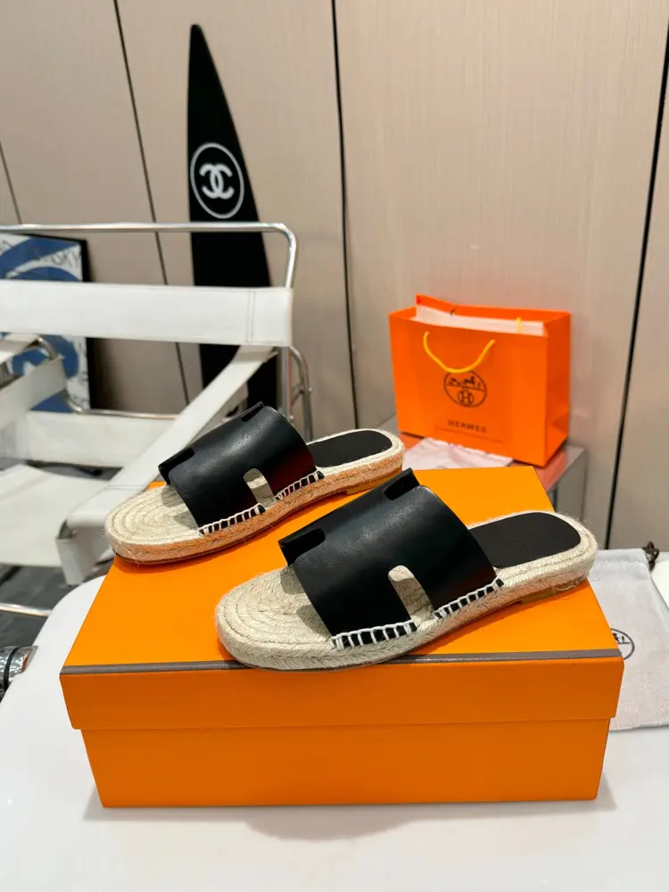 Hermès H-shaped hemp rope woven leather sole slippers