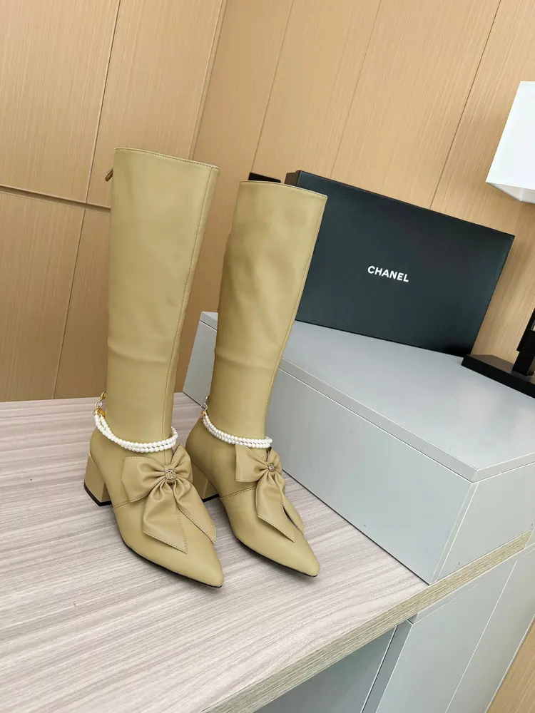Chanel bow-knot pearl chain thick high-heeled mid-high fashion boots for women