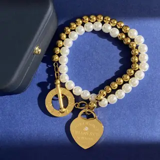 Tiffany polished single diamond heart-shaped steel beads and resin pearl round beads double