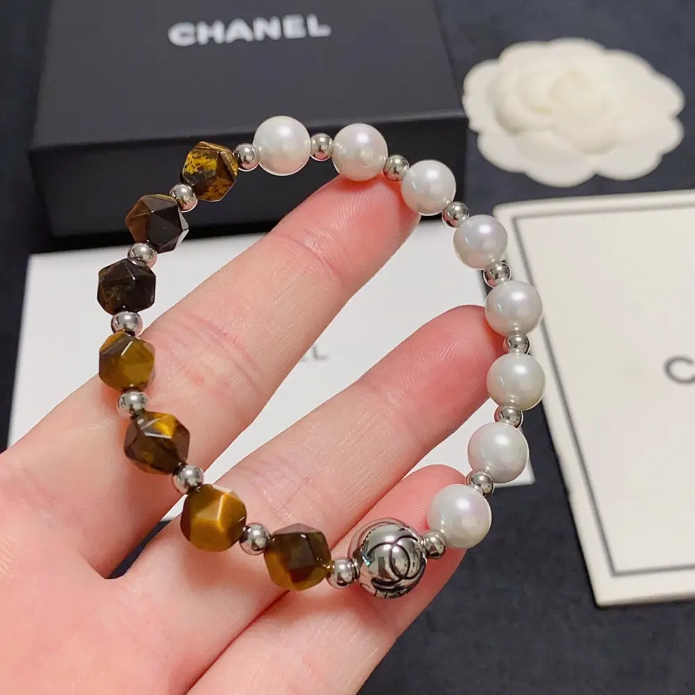 Chanel Double C Premium Natural Tiger Eye Pearl Bracelet