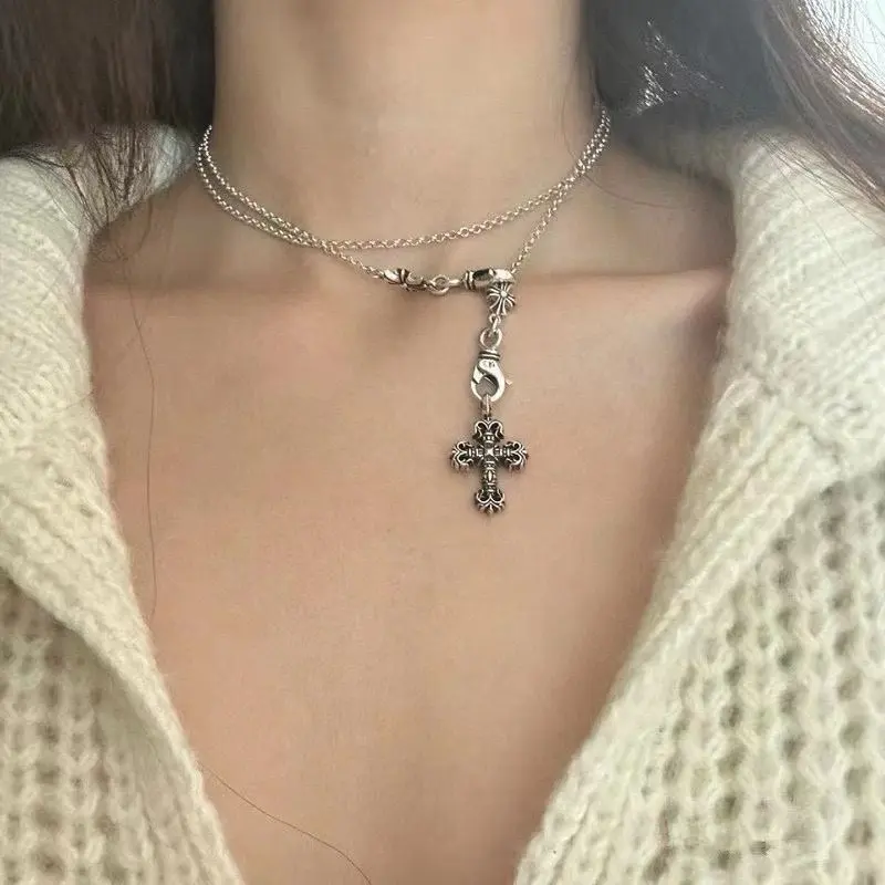 Chrome Hearts Classic Retro Cross Necklace Flame Cross Pendant Concave and convex shapes