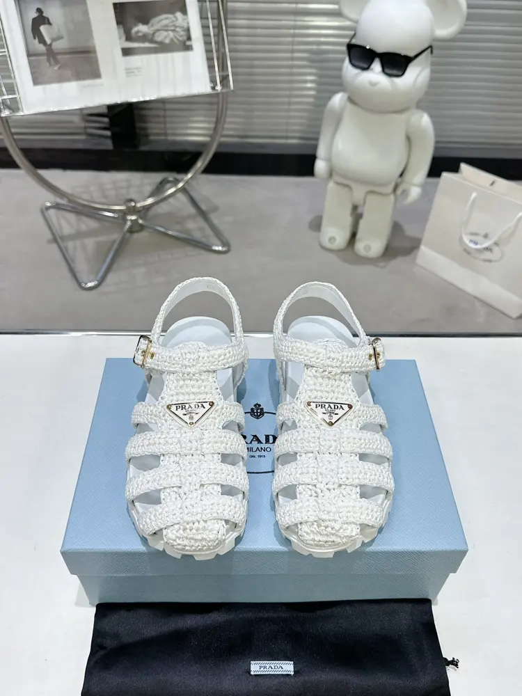 Prada Pig Cage Shoes Sawtooth Roman Braided Thick-soled Rubber Sandals Retro