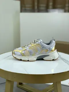 Dior CHRONO shoes have a lot of silver shiny structures with gray mesh materials. The soles