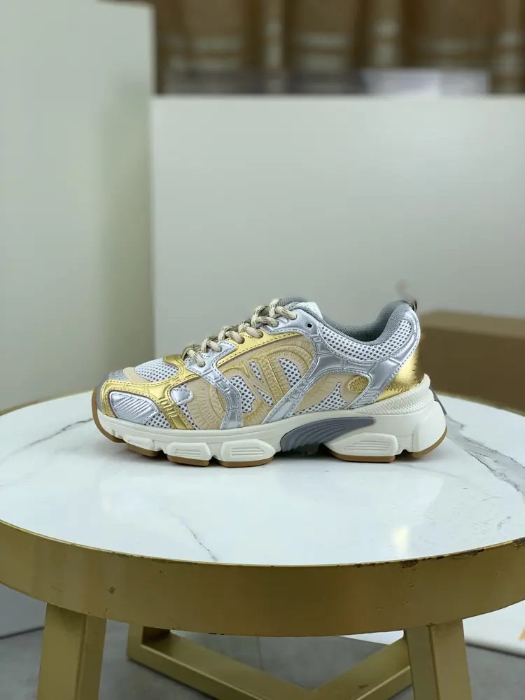 Dior CHRONO shoes have a lot of silver shiny structures with gray mesh materials. The soles