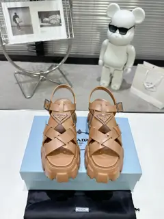Prada Triangle Buckle Sawtooth Roman Braided Thick-soled Rubber Sandals Retro