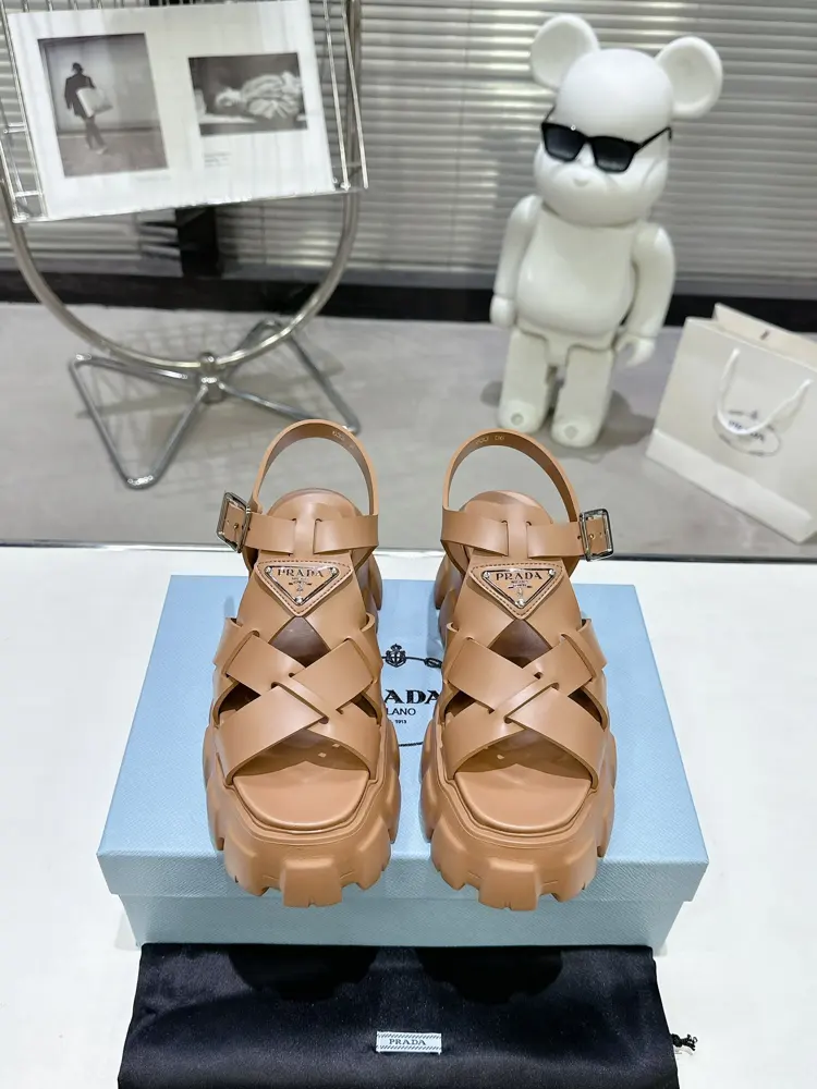 Prada Triangle Buckle Sawtooth Roman Braided Thick-soled Rubber Sandals Retro