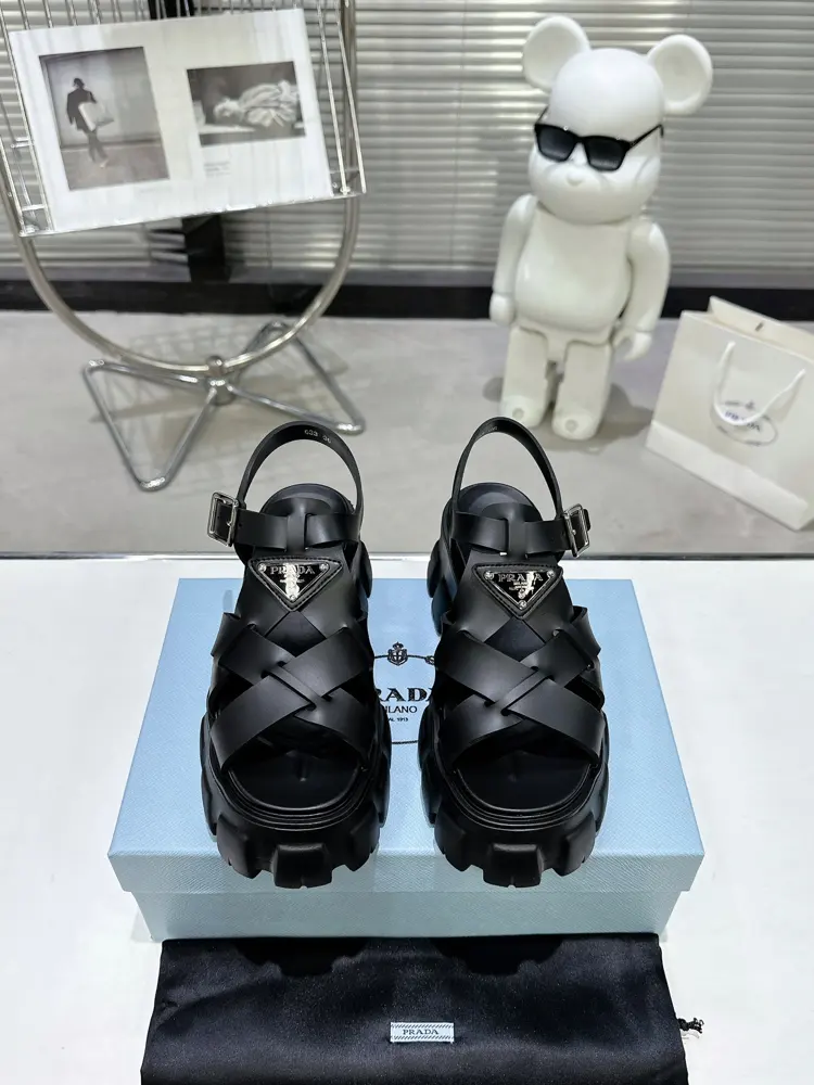 Prada Triangle Buckle Sawtooth Roman Braided Thick-soled Rubber Sandals Retro