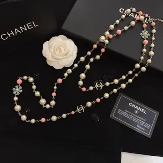 Chanel Greek wheat ear double C blue flower inlaid pearl necklace sweater chain