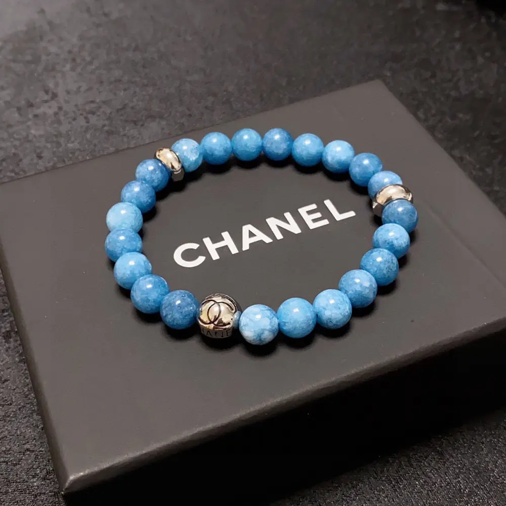 Chanel Double C Premium Natural Aquamarine Crystal Bead Bracelet