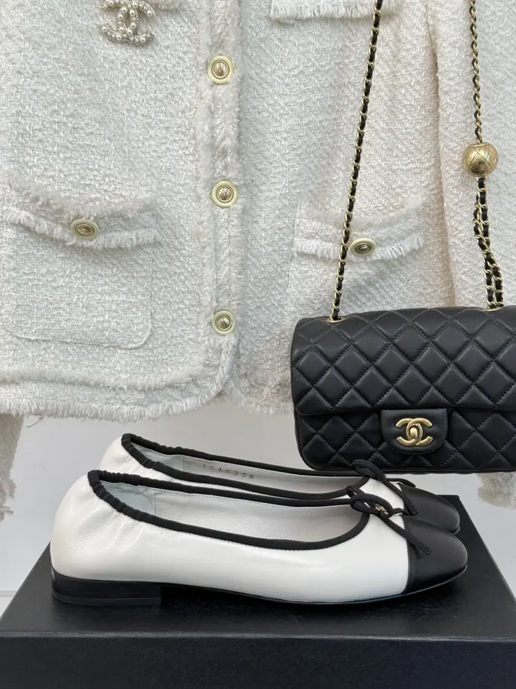 Chanel’s timeless classic color-blocked bow ballet shoes