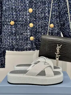 Prada classic triangle logo rhinestone slippers series