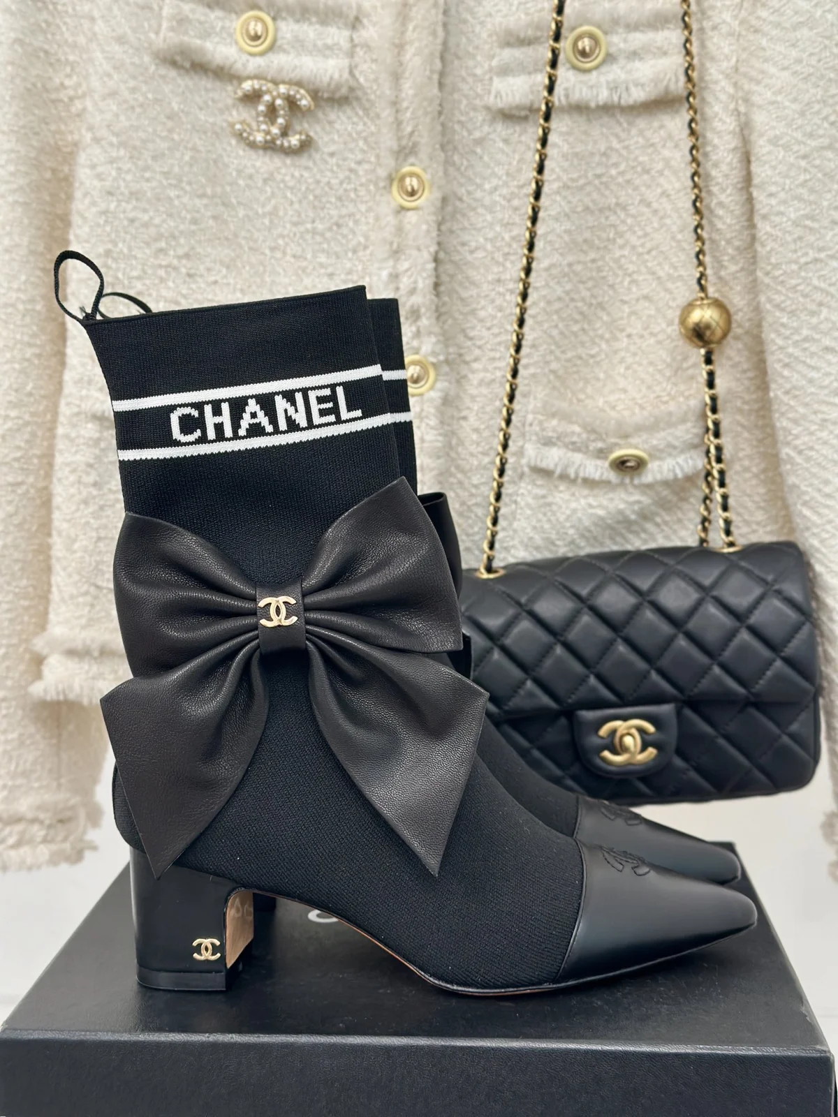 Chanel high-heeled bowknot sock boots