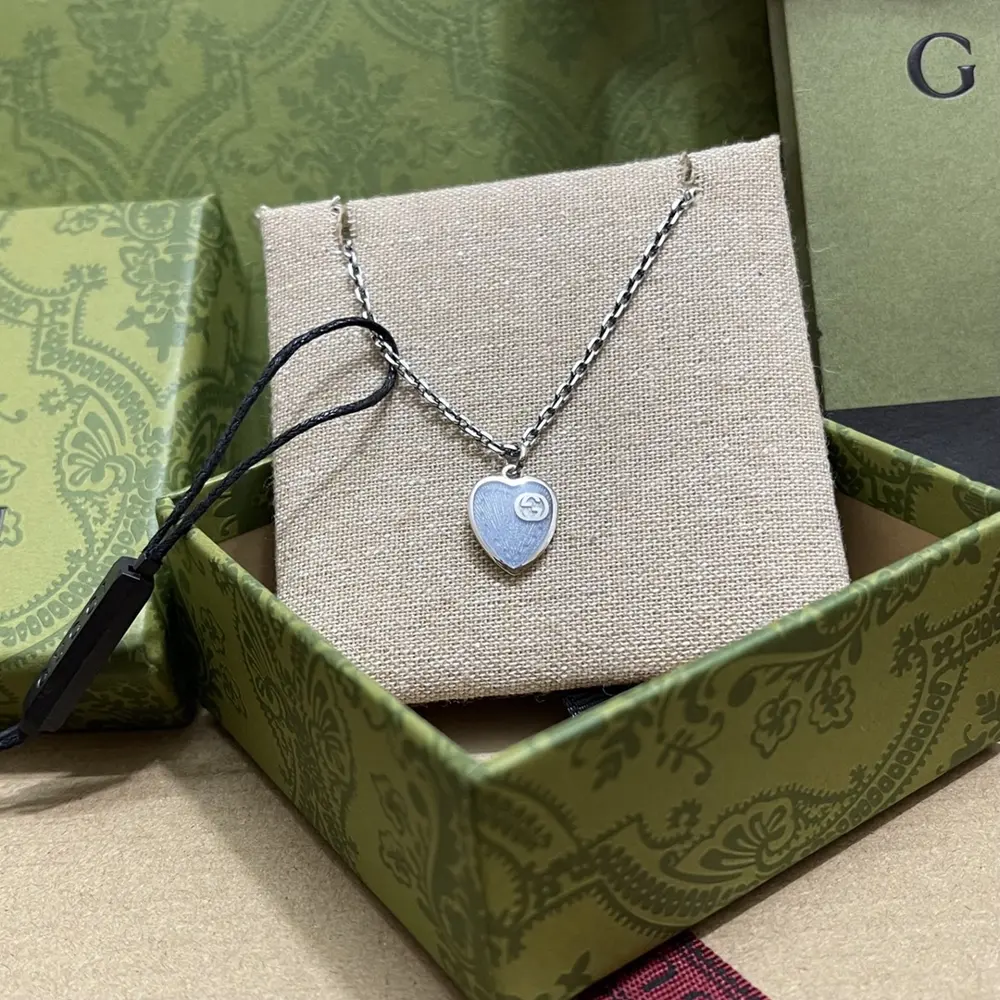Gucci heart sky blue enamel double G necklace