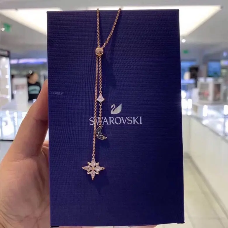 Swarovski Lucky Star Moon Double Pendant Clavicle Necklace