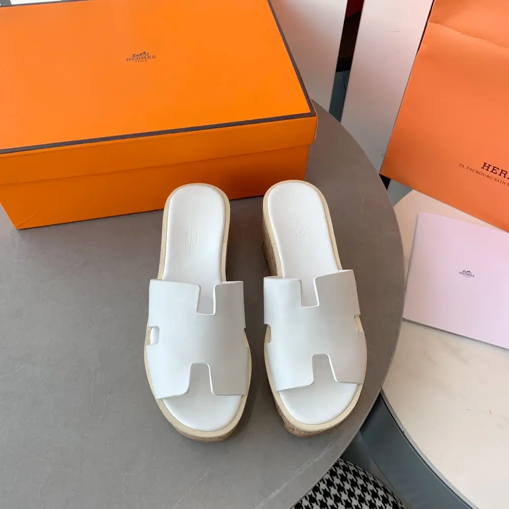 ¥Hermes 2023 Spring and Summer New H-shaped Cowhide Sawdust Thick-soled Platform Slippers