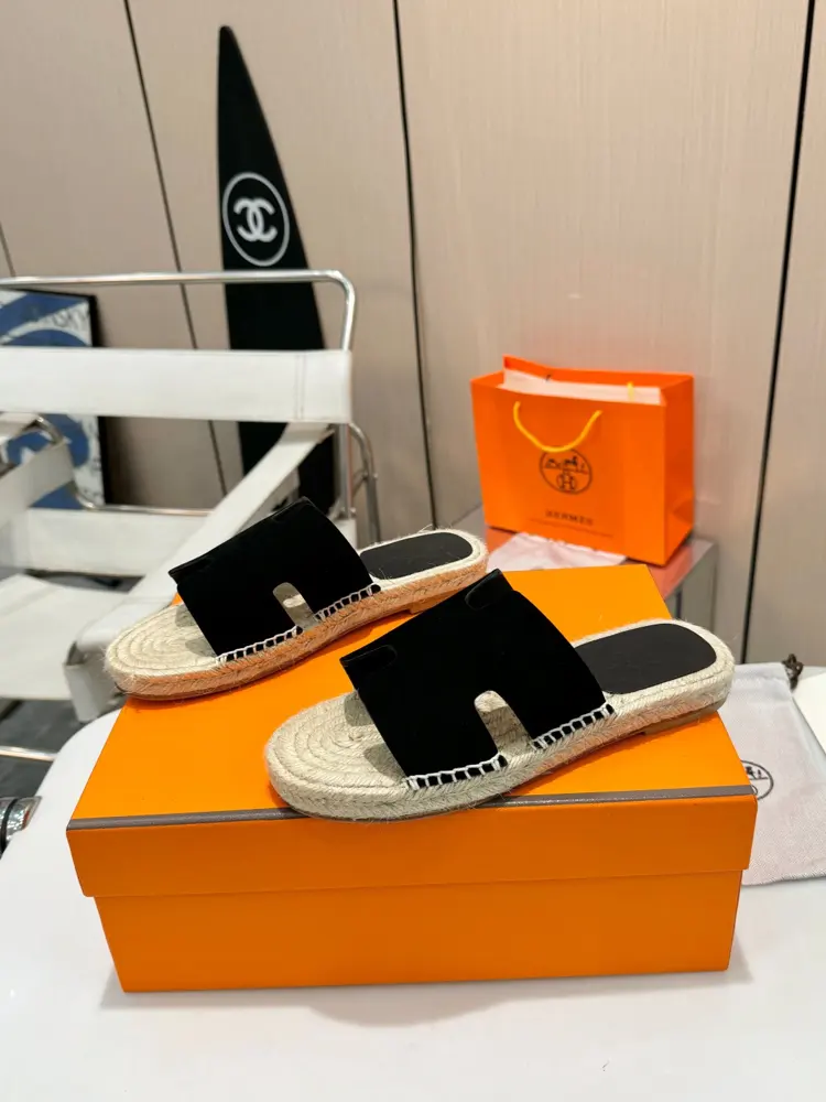 Hermès H-shaped hemp rope woven leather sole slippers
