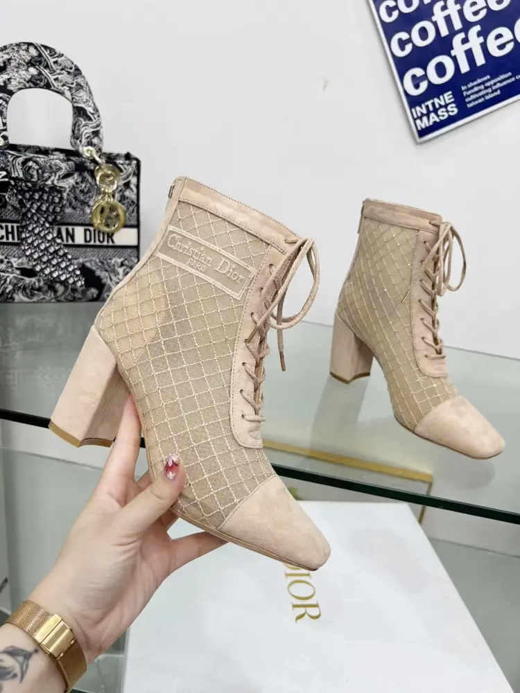 Dior embroidered jacquard mesh boots Dior checkered three-dimensional diamond embroidered
