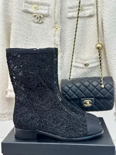 Chanel Lace Series Double C Chunky Heel Short Boots