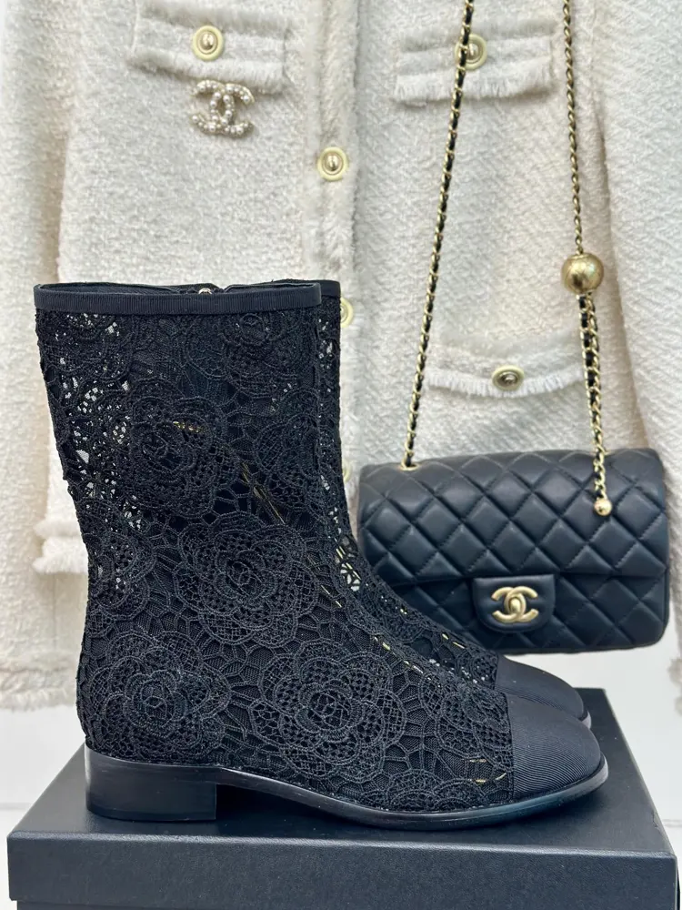 Chanel Lace Series Double C Chunky Heel Short Boots