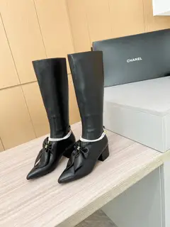 Chanel bow-knot pearl chain thick high-heeled mid-high fashion boots for women