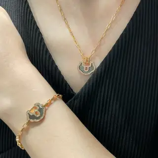 Qeelin Kirin Large Natural Grey Shell Ruyi Lock Necklace