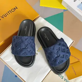 Louis Vuitton Velcro Denim Checkerboard Embossed Bread Flat Sandals