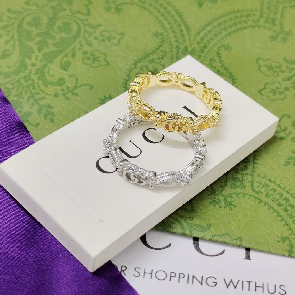 GUcci 18K yellow gold white gold ring with white diamond studs and LOGO classic double G