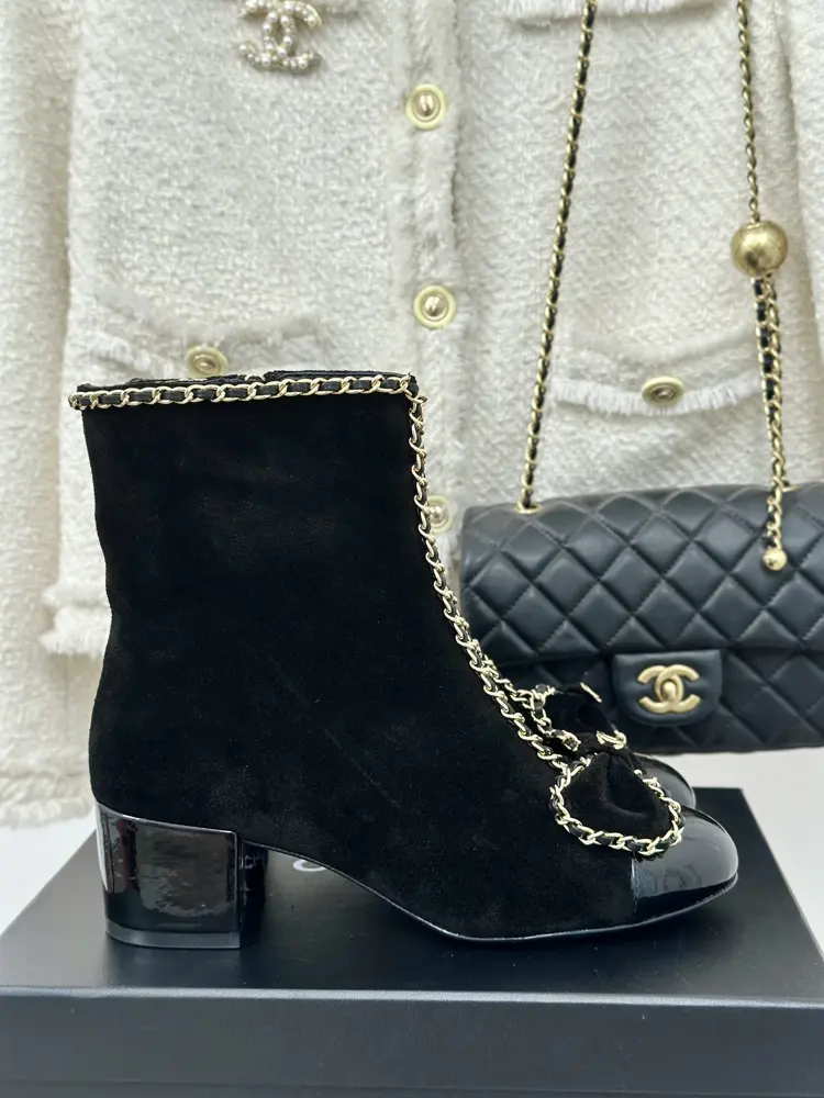 Chanel Chain Bowknot Chunky Heeled Short Boots