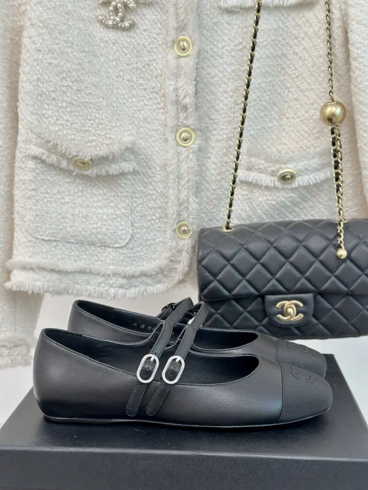 Chanel’s timeless classic color-blocked double-strap Mary Jane shoes