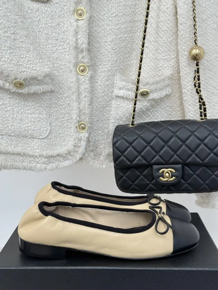Chanel’s timeless classic color-blocked bow ballet shoes